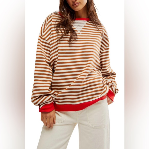 Free People Classic Striped Oversized Crewneck Coffee Combo size XL - Picture 9 of 10